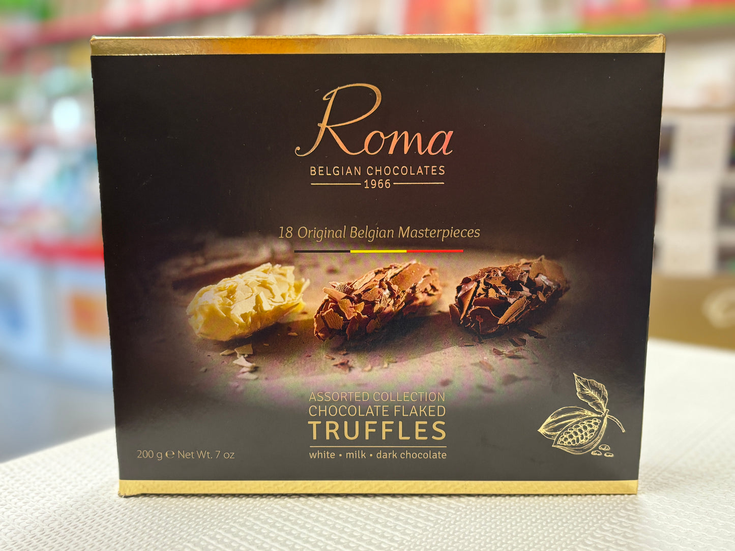 Roma assorted chocolate truffles box featuring white, milk, and dark chocolate varieties