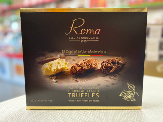 Roma assorted chocolate truffles box featuring white, milk, and dark chocolate varieties