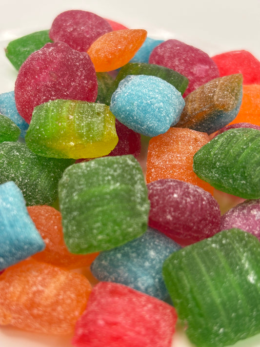 Select Sweets colorful sour candy assortment with sugar-coated green, red, blue, and orange fruity flavors