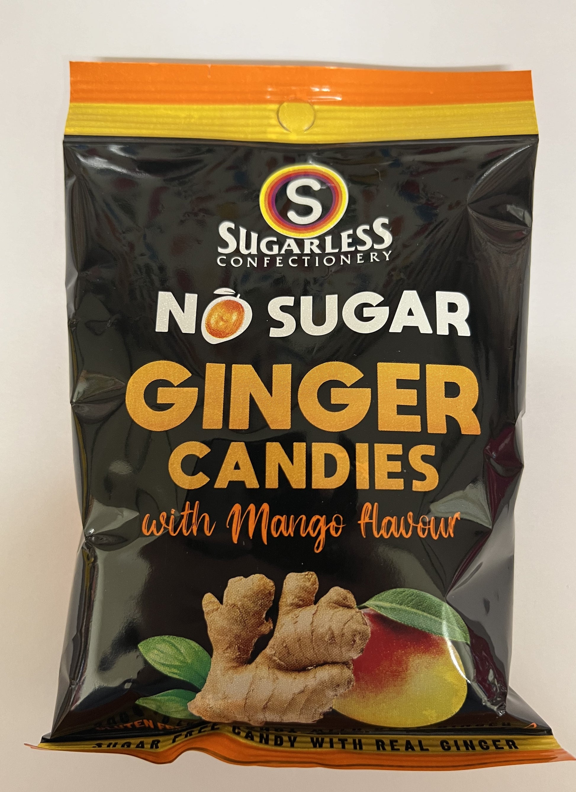 Select Sweets sugar free ginger candies with mango flavor in black resealable bag