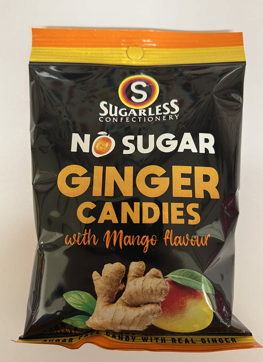 Select Sweets sugar free ginger candies with mango flavor in black resealable bag