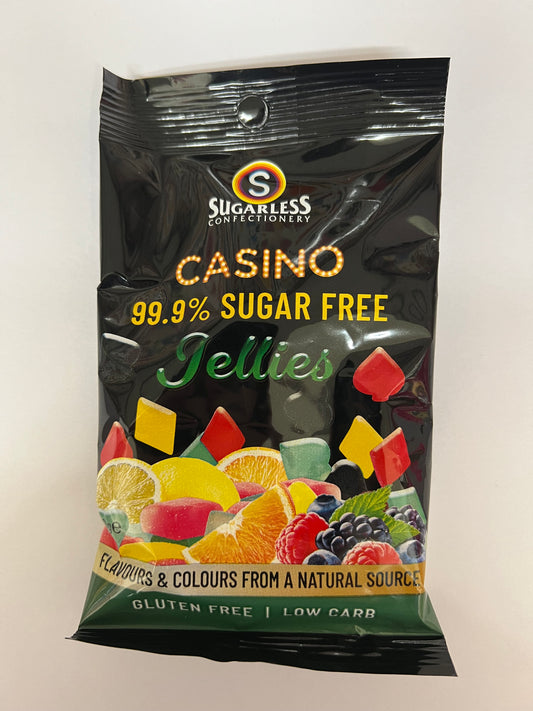 Select Sweets sugar free jelly candy Casino Jellies in a black bag with colorful fruit shapes and natural flavors
