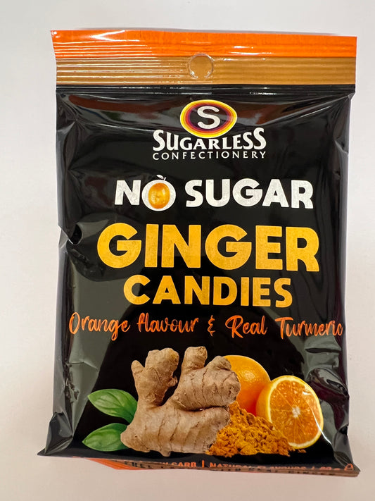 Select Sweets Sugarless No Sugar Ginger Candies with orange flavor and real turmeric in black packaging