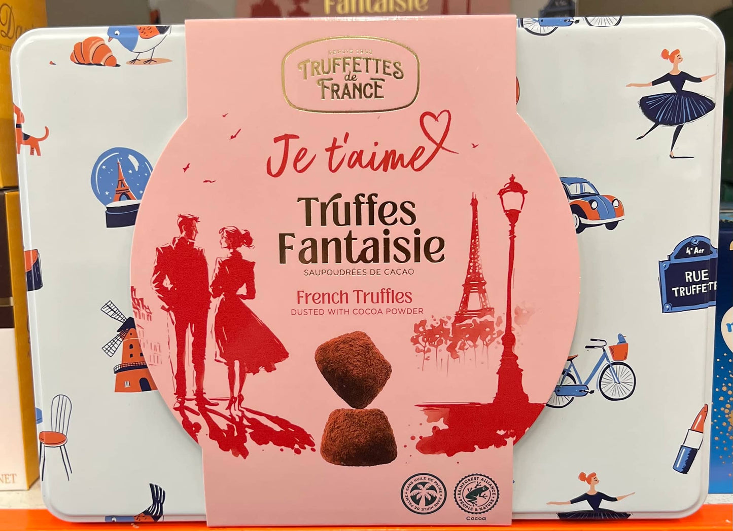Select Sweets French truffles gift tin featuring elegant design with Parisian theme and cocoa dusted truffles