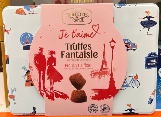 Select Sweets French truffles gift tin featuring elegant design with Parisian theme and cocoa dusted truffles