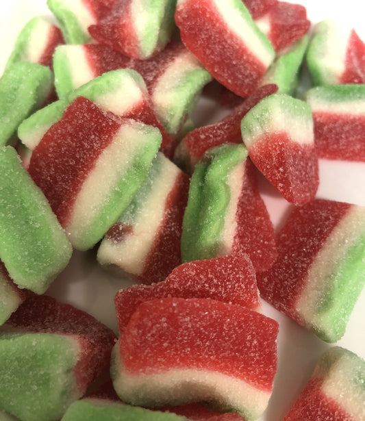 SelectSweets watermelon candy slices with red, white, and green sugary layers close-up